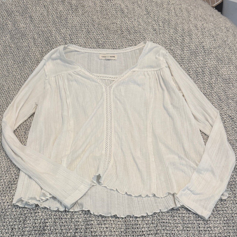 Lucky Brand White Boho Peasant Blouse | Long Sleeve Lace Trim Top | Size Small